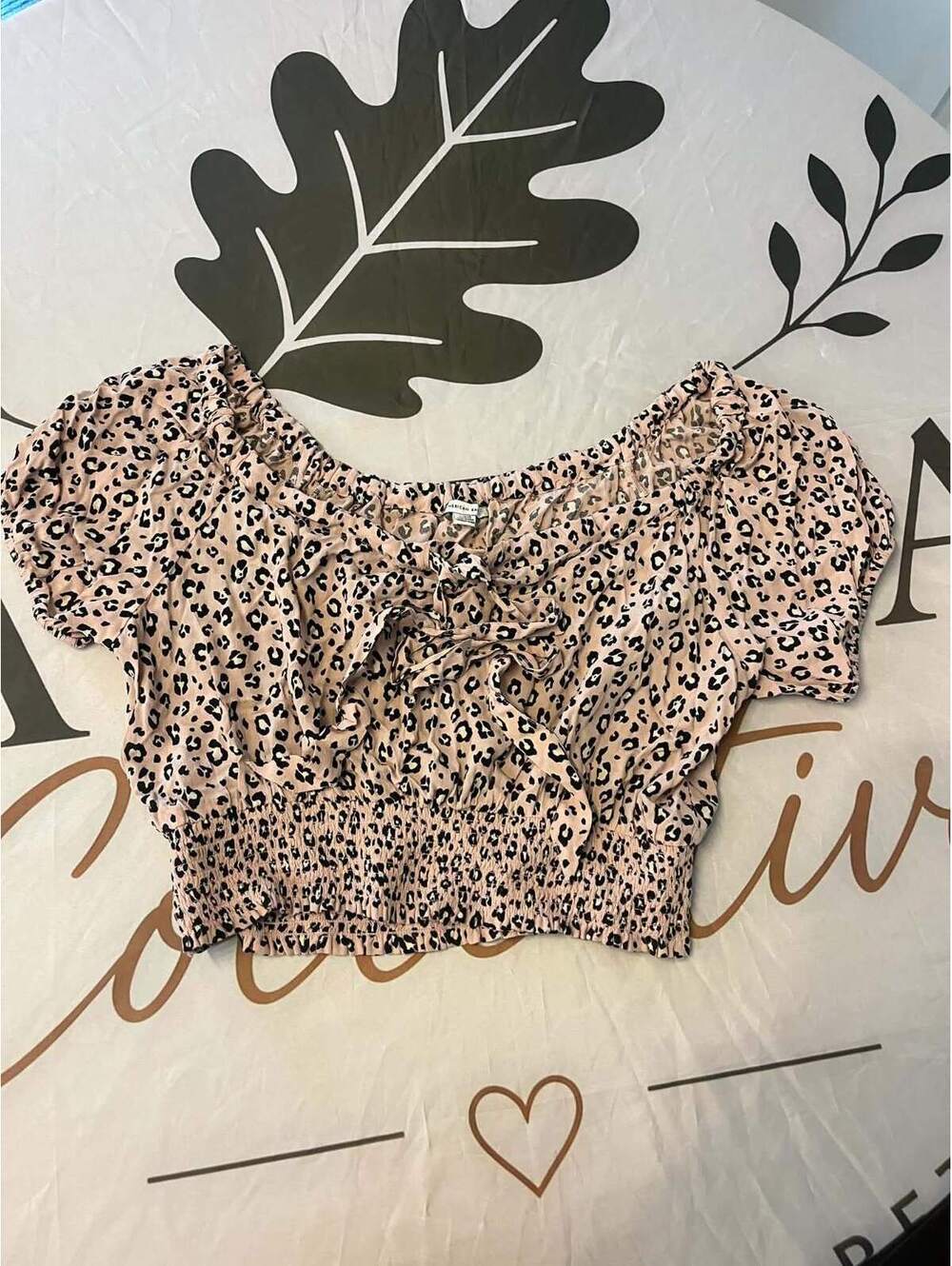 American Eagle Leopard Print Crop Top with Puff Sleeves